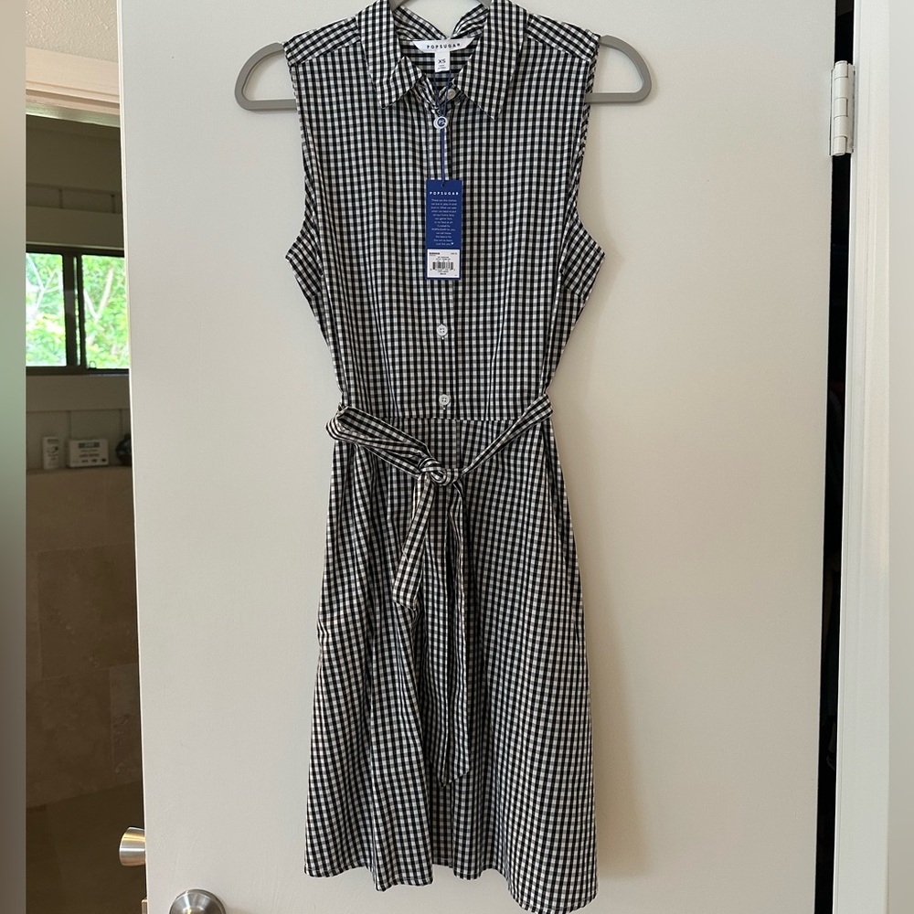 POPSUGAR black & white gingham sleeveless collared shirt dress size XS